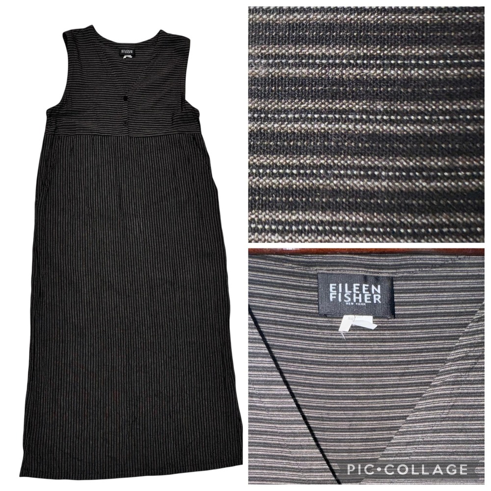 Eileen Fisher Dress w Pockets Sleeveless Striped Rayon Midi Casual V Neck sz L